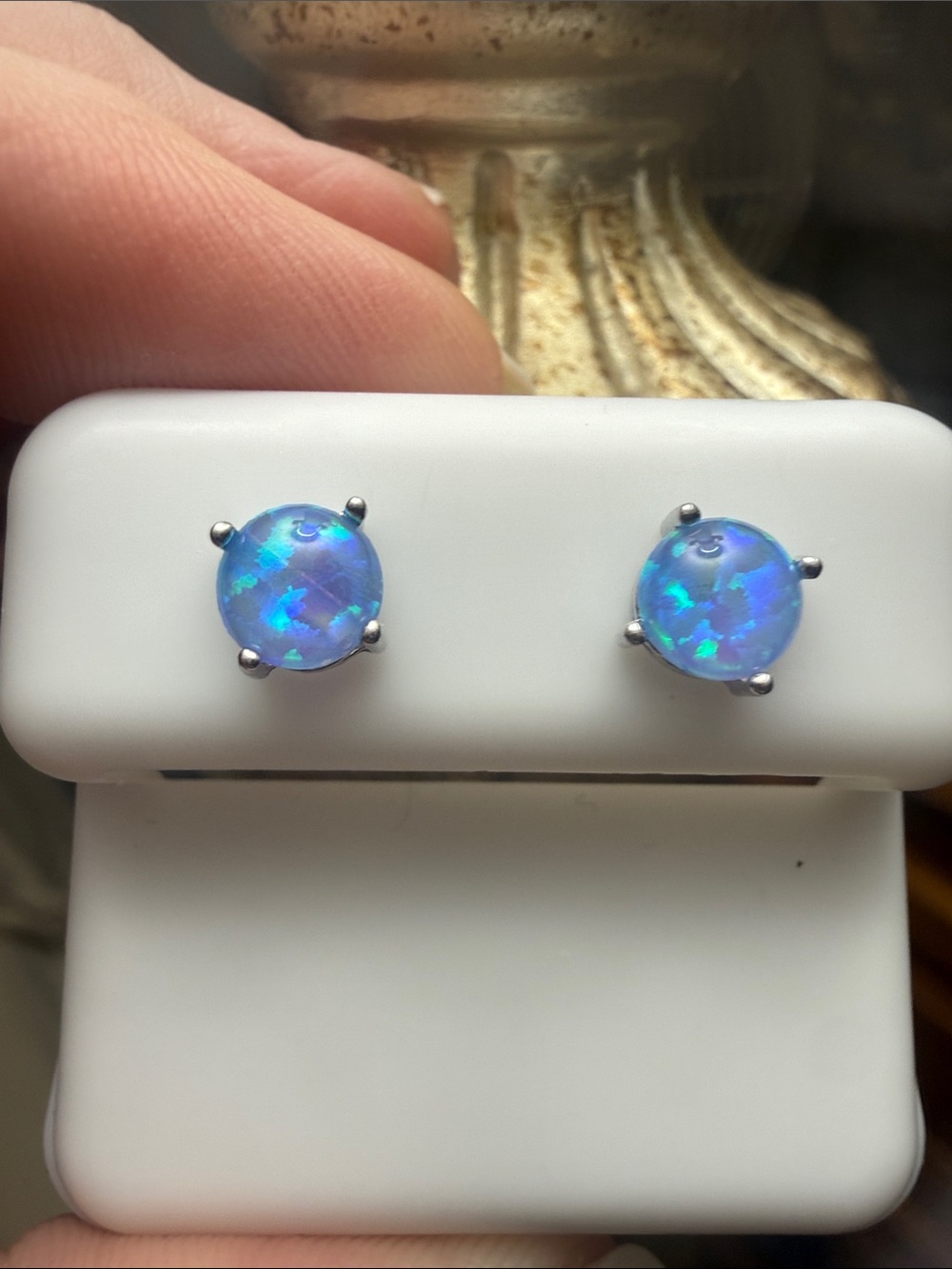 925 Sterling Silver Blue Opal Round Stud Earrings NEW